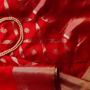Elegant Red Silk Saree with Silver Zari Floral Weave